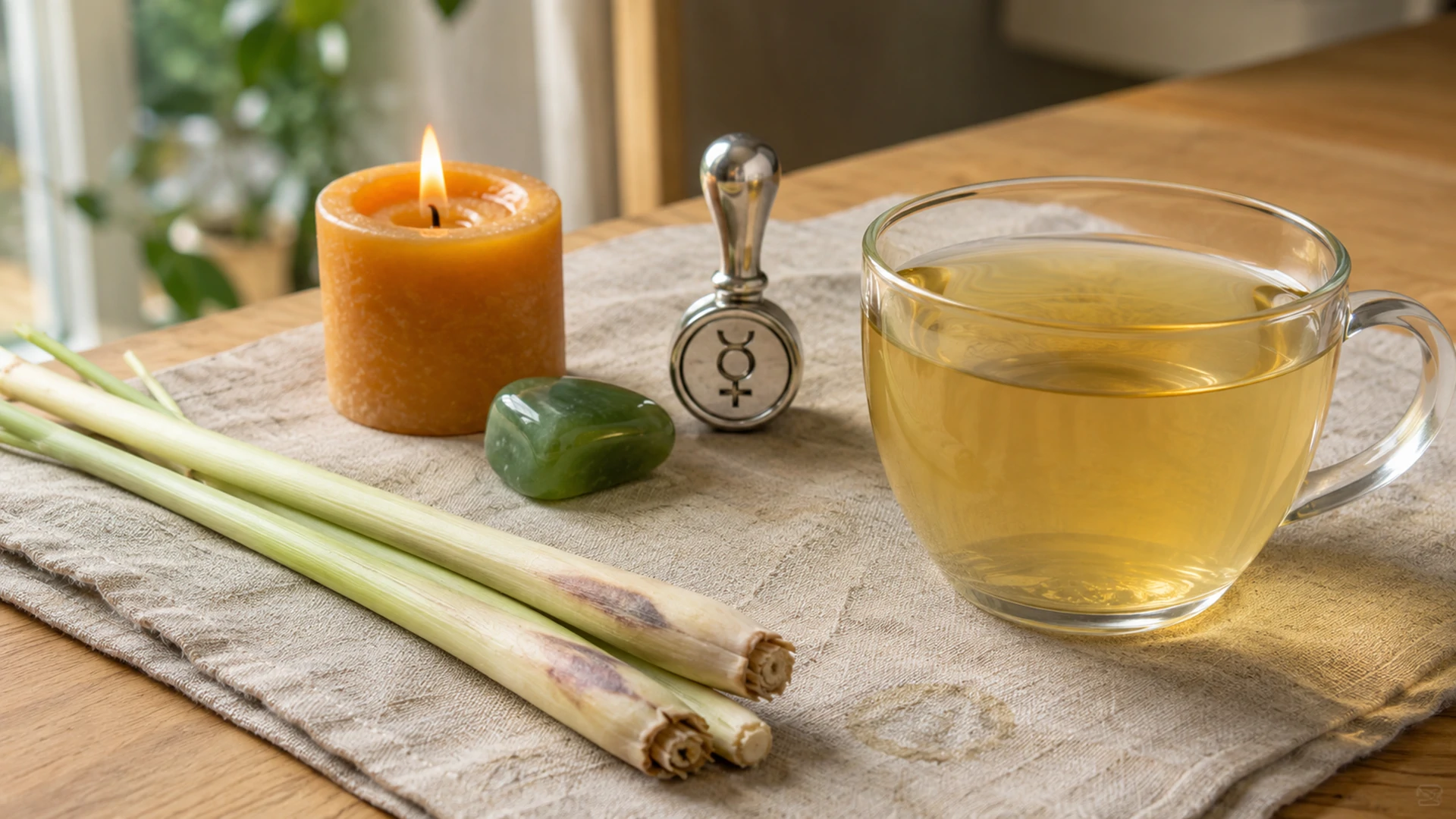 Golden lemongrass tea beside fresh lemongrass stalks, an orange candle, green aventurine crystal, and a Mercury seal