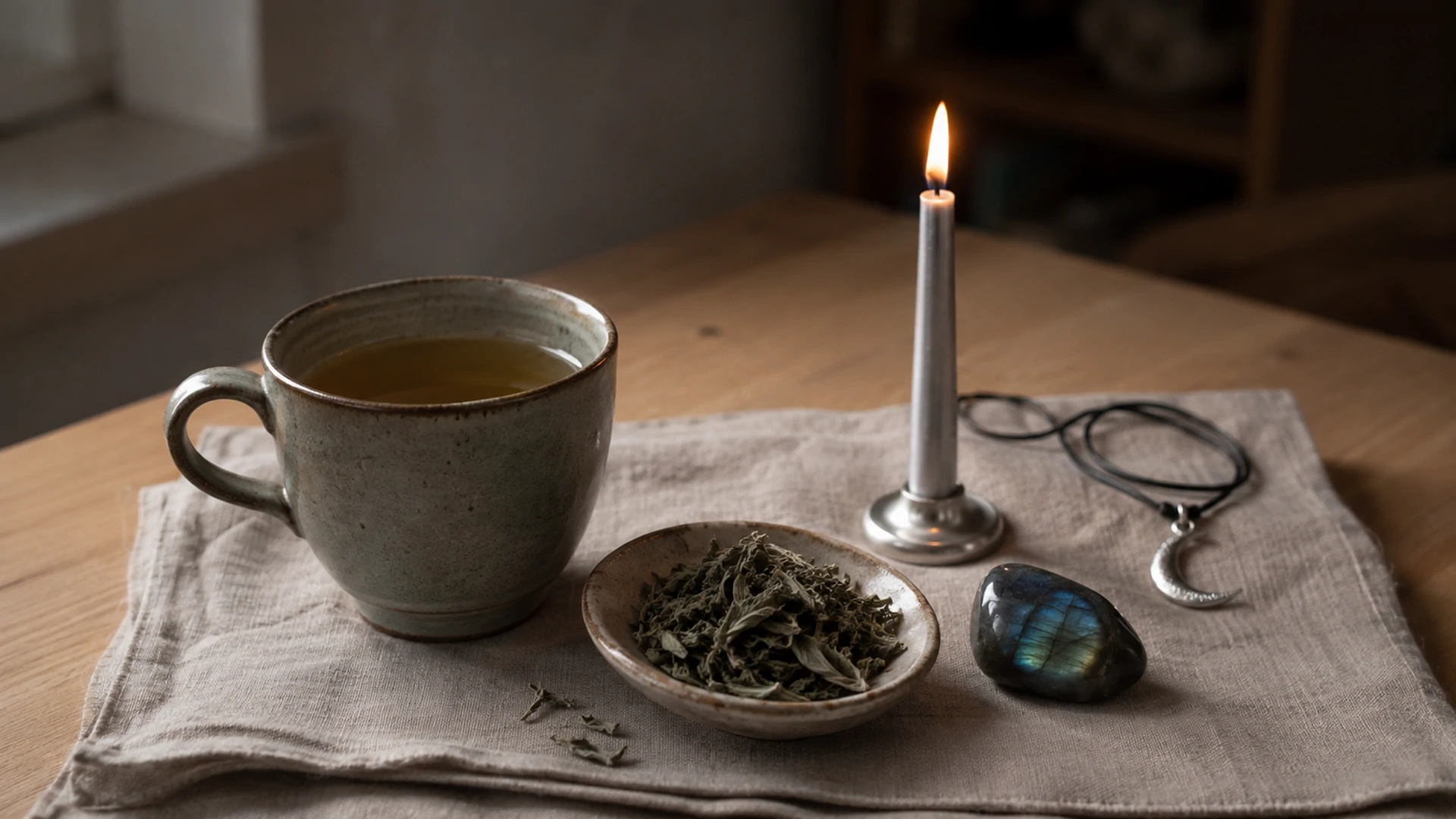 Pale olive-gold mugwort tea beside dried mugwort leaf, a silver candle, labradorite crystal, and a silver Moon crescent pendant