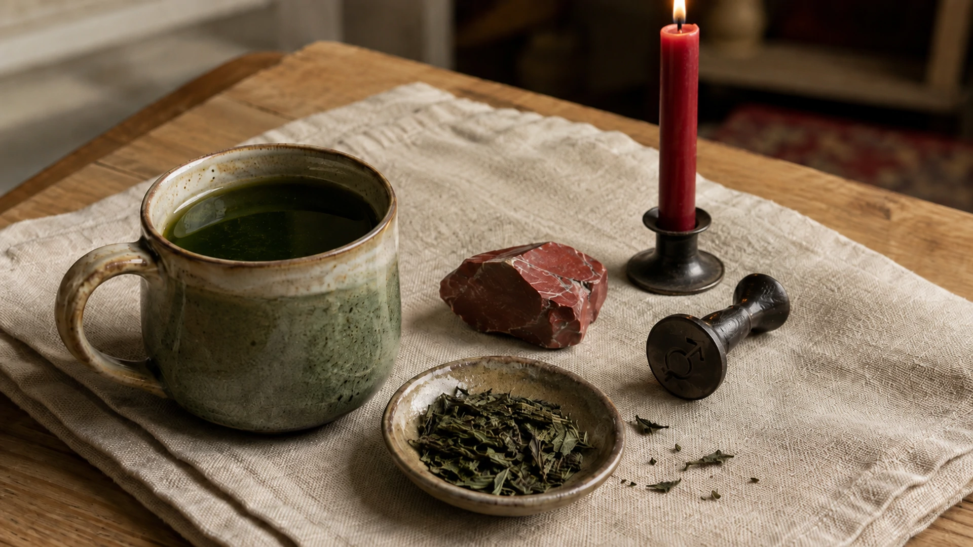 Deep green nettle tea beside dried nettle leaf, a red candle, red jasper crystal, and an iron Mars seal-stamp