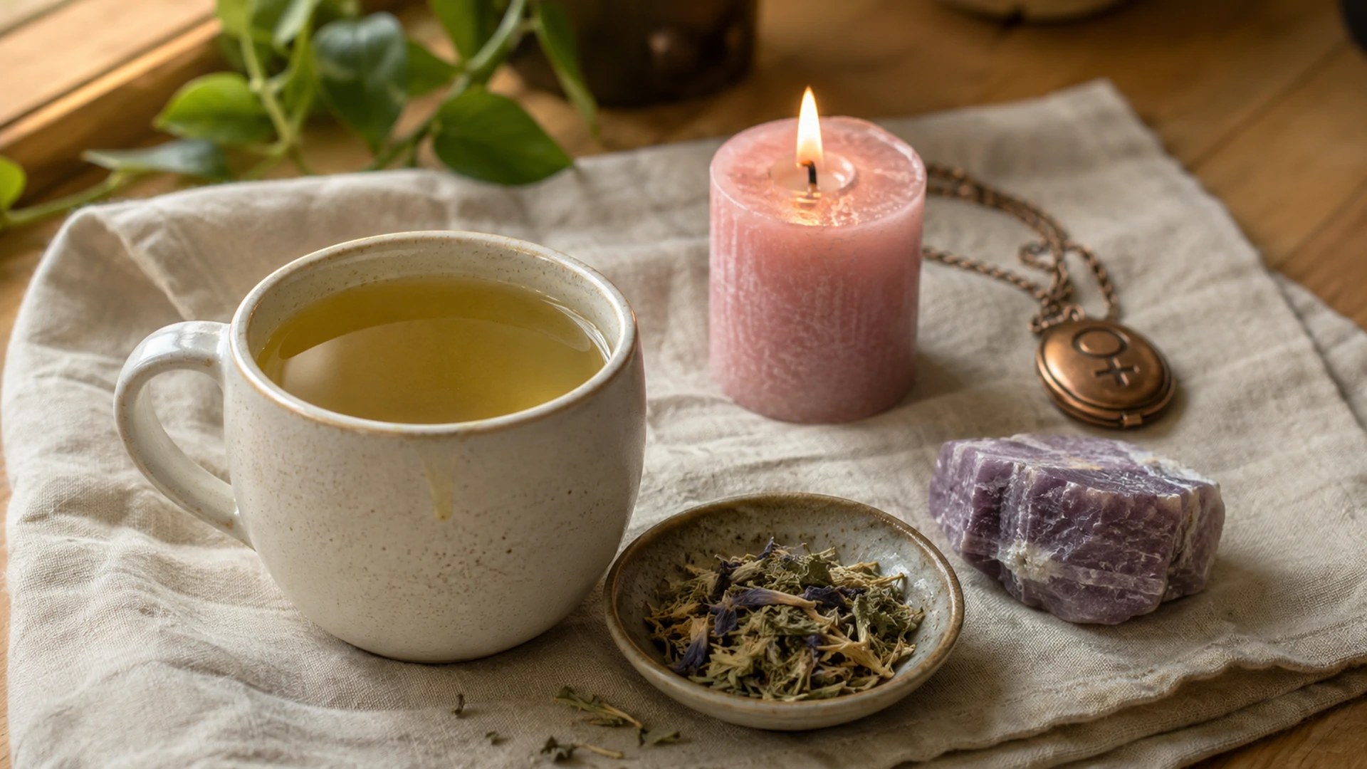 Pale gold-green passionflower tea beside dried passionflower herb, a pink candle, lepidolite crystal, and a copper Venus locket