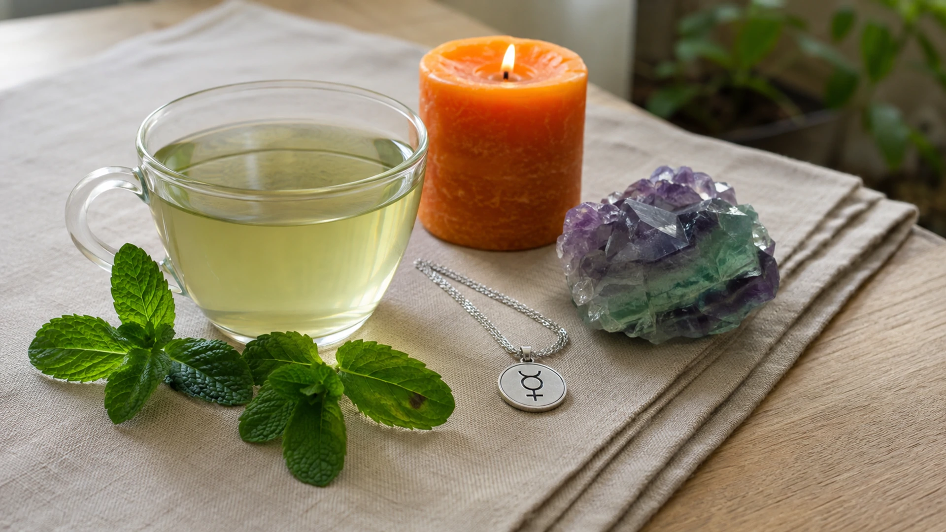 Pale green peppermint tea beside fresh peppermint leaves, an orange candle, fluorite crystal, and a Mercury pendant