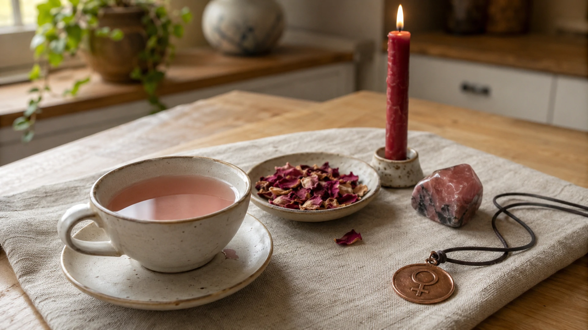 Pale pink rose tea beside dried rose petals, a red taper candle, rhodonite crystal, and a copper Venus amulet