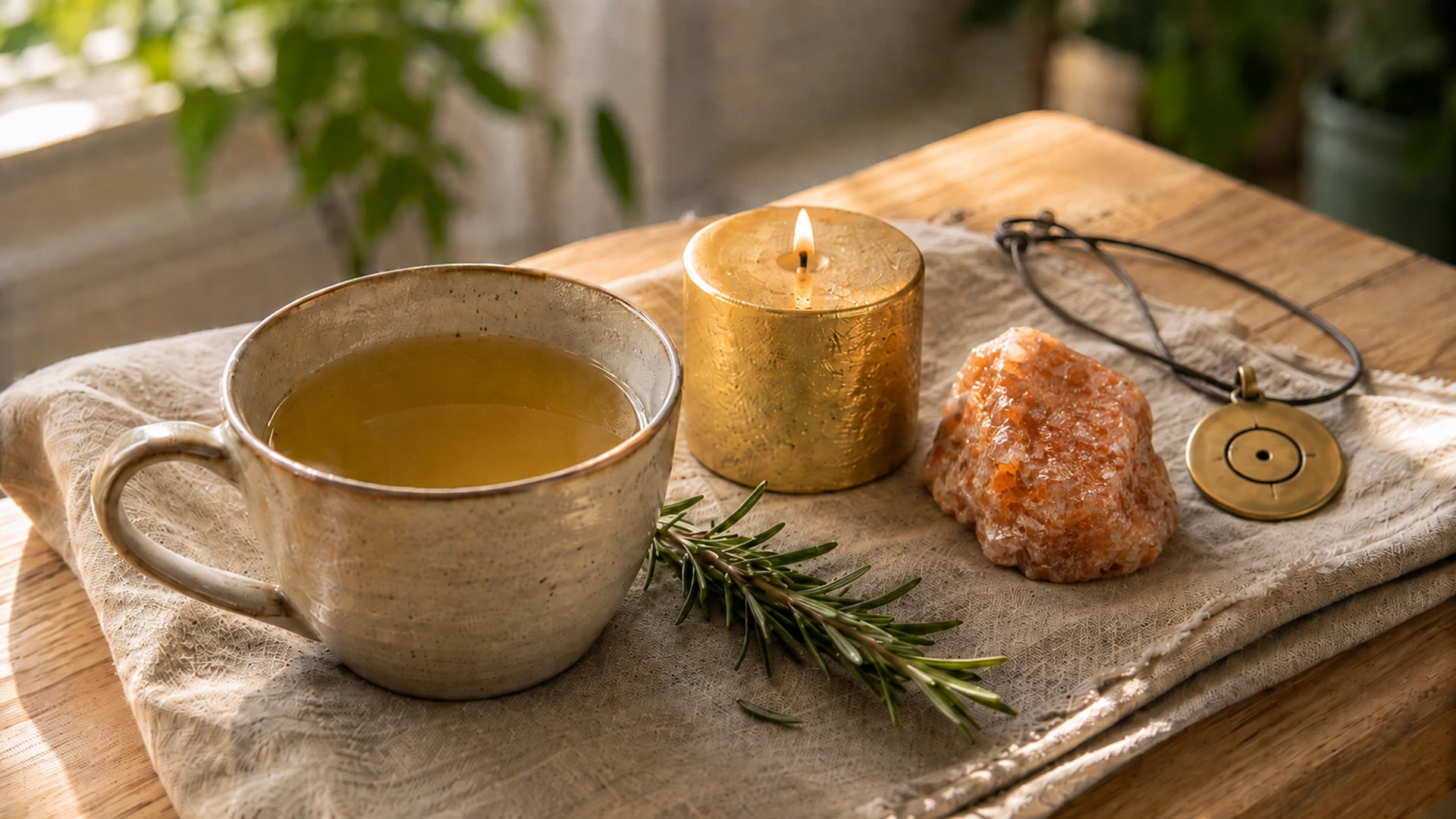 Pale gold-green rosemary tea beside fresh rosemary sprigs, a gold candle, sunstone crystal, and a gold Sun medallion