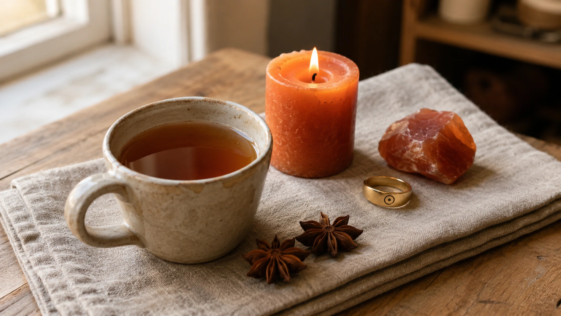 Deep amber star anise tea beside whole star anise pods, an orange candle, carnelian crystal, and a gold Sun ring
