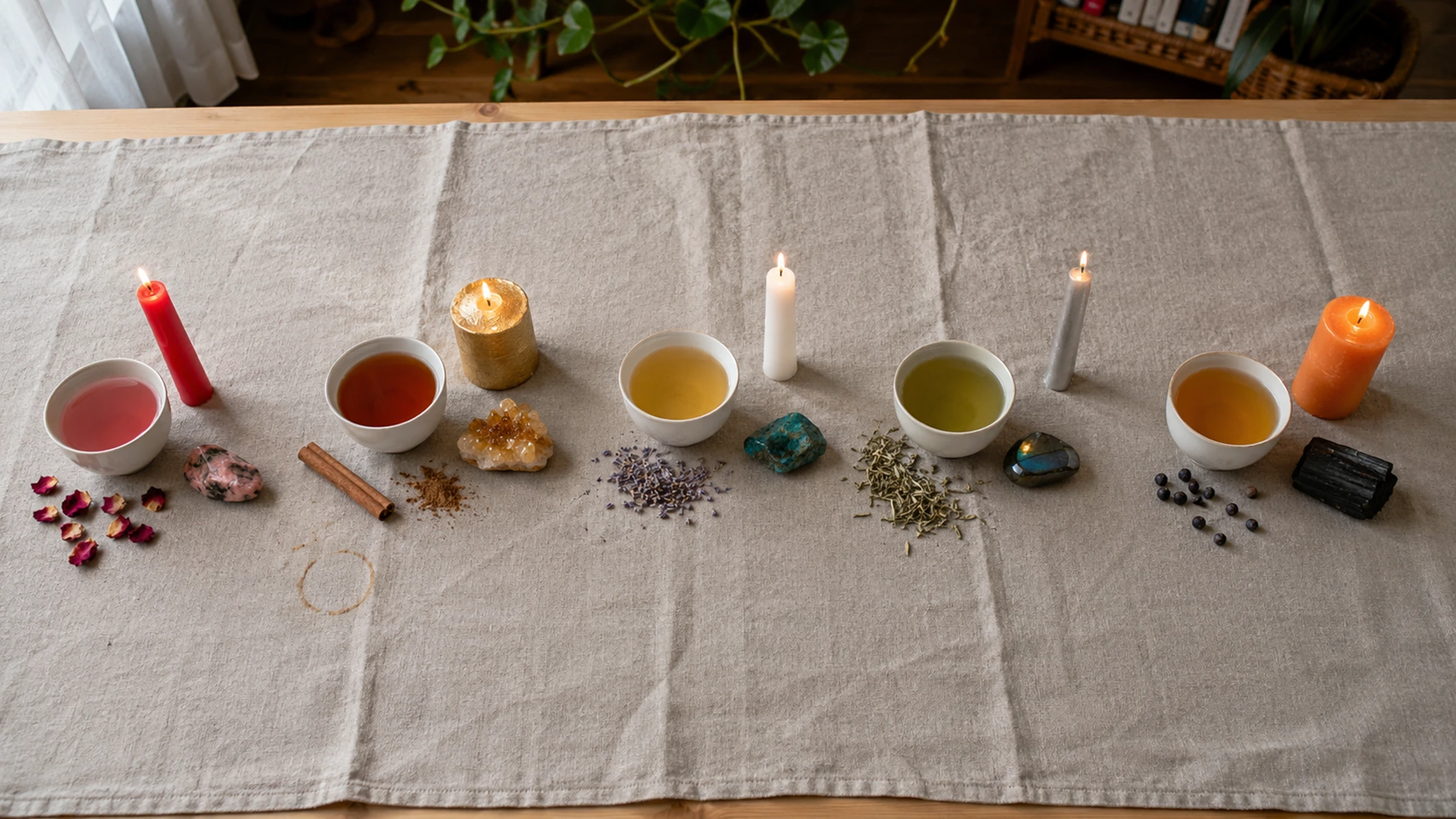 Five cups of different colored teas with scattered herbs, candles, and crystals for love, money, harmony, growth, and protection