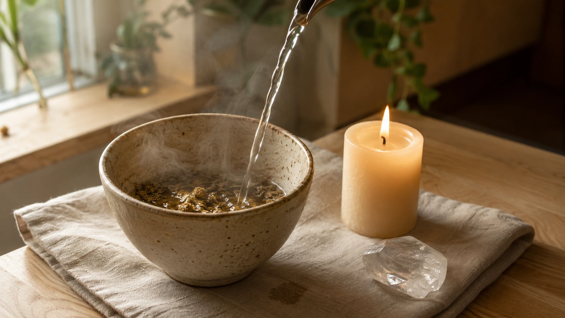 Hot water pouring over loose herbs in a cup during a spiritual tea ceremony, steam rising beside a lit candle