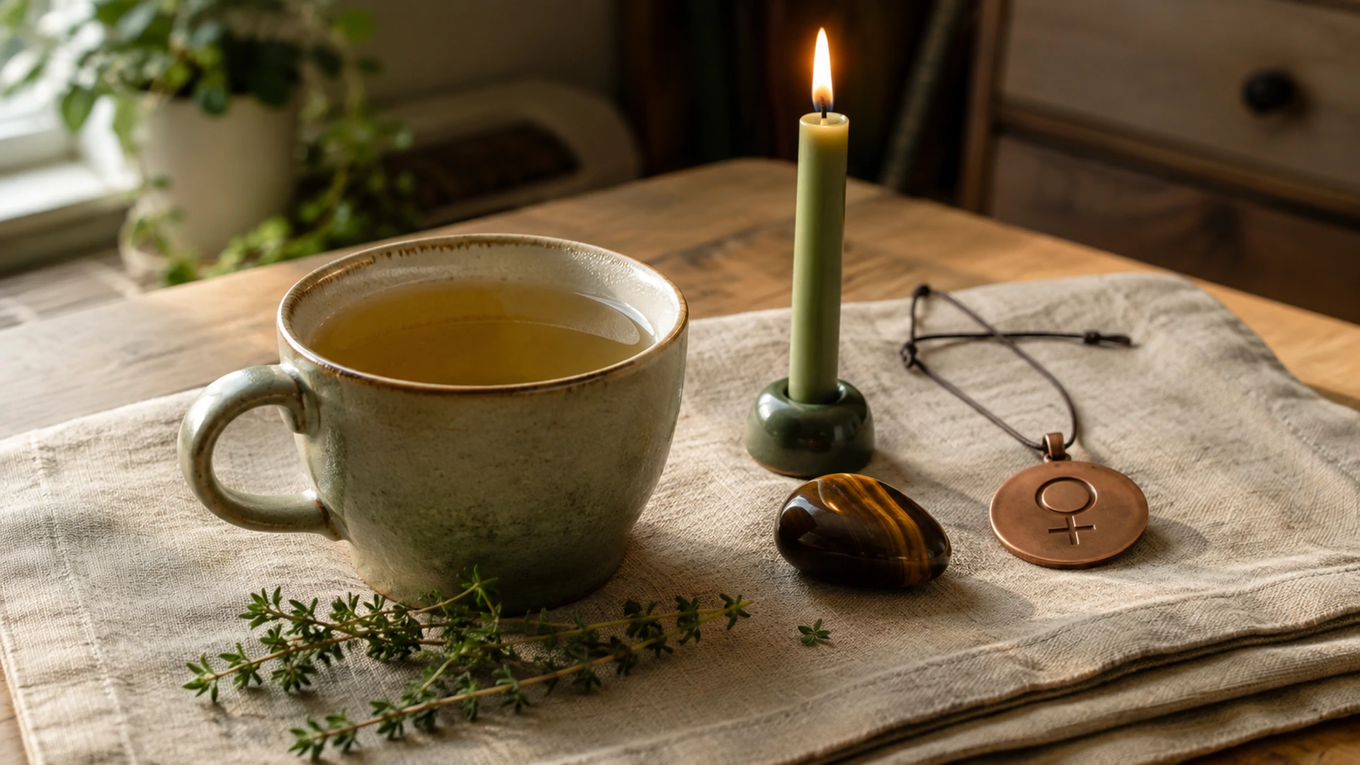 Pale gold-green thyme tea beside fresh thyme sprigs, a green candle, tiger's eye crystal, and a copper Venus pendant
