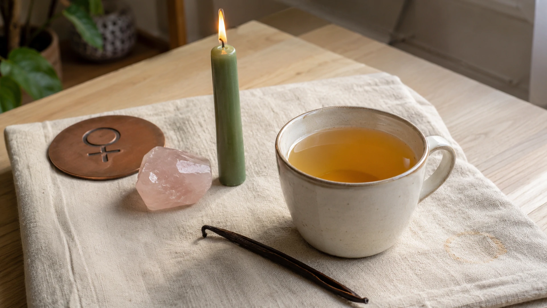 Honey-gold vanilla tea beside a split vanilla bean, a green candle, rose quartz crystal, and a copper Venus disc medallion