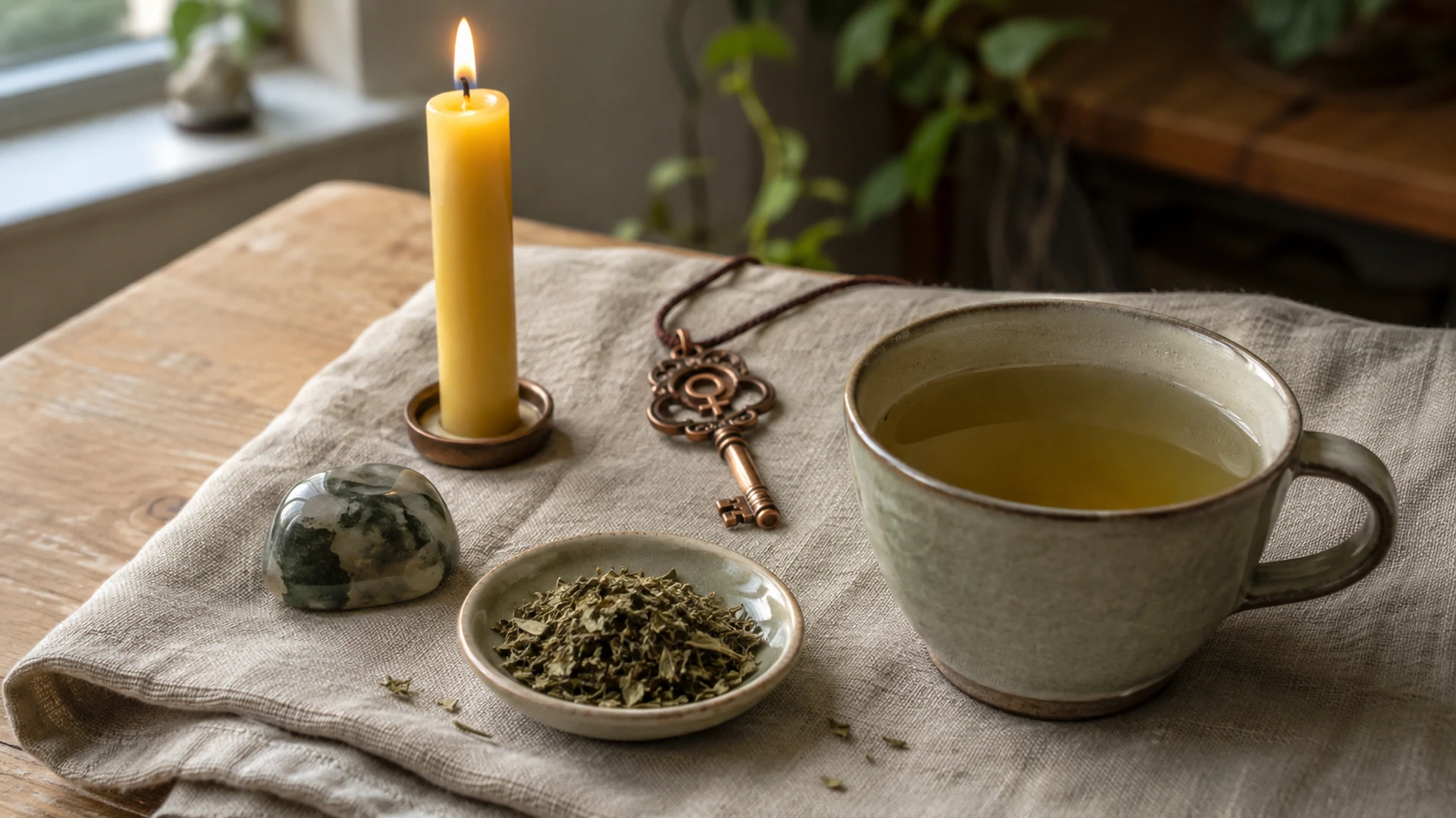 Pale green-gold vervain tea beside dried vervain leaf, a yellow candle, moss agate crystal, and a copper Venus key pendant
