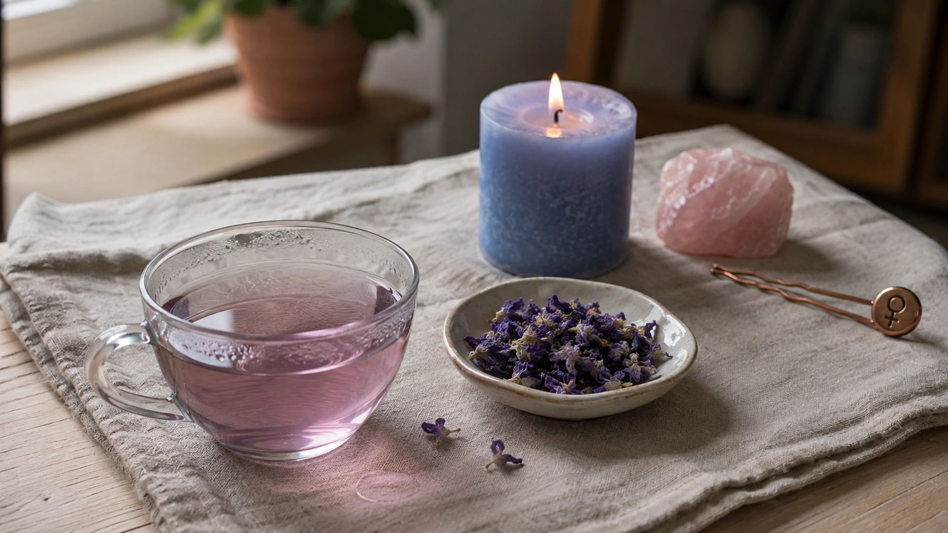 Pale rose-violet tea beside dried violet flowers, a blue candle, rose quartz crystal, and a copper Venus hairpin