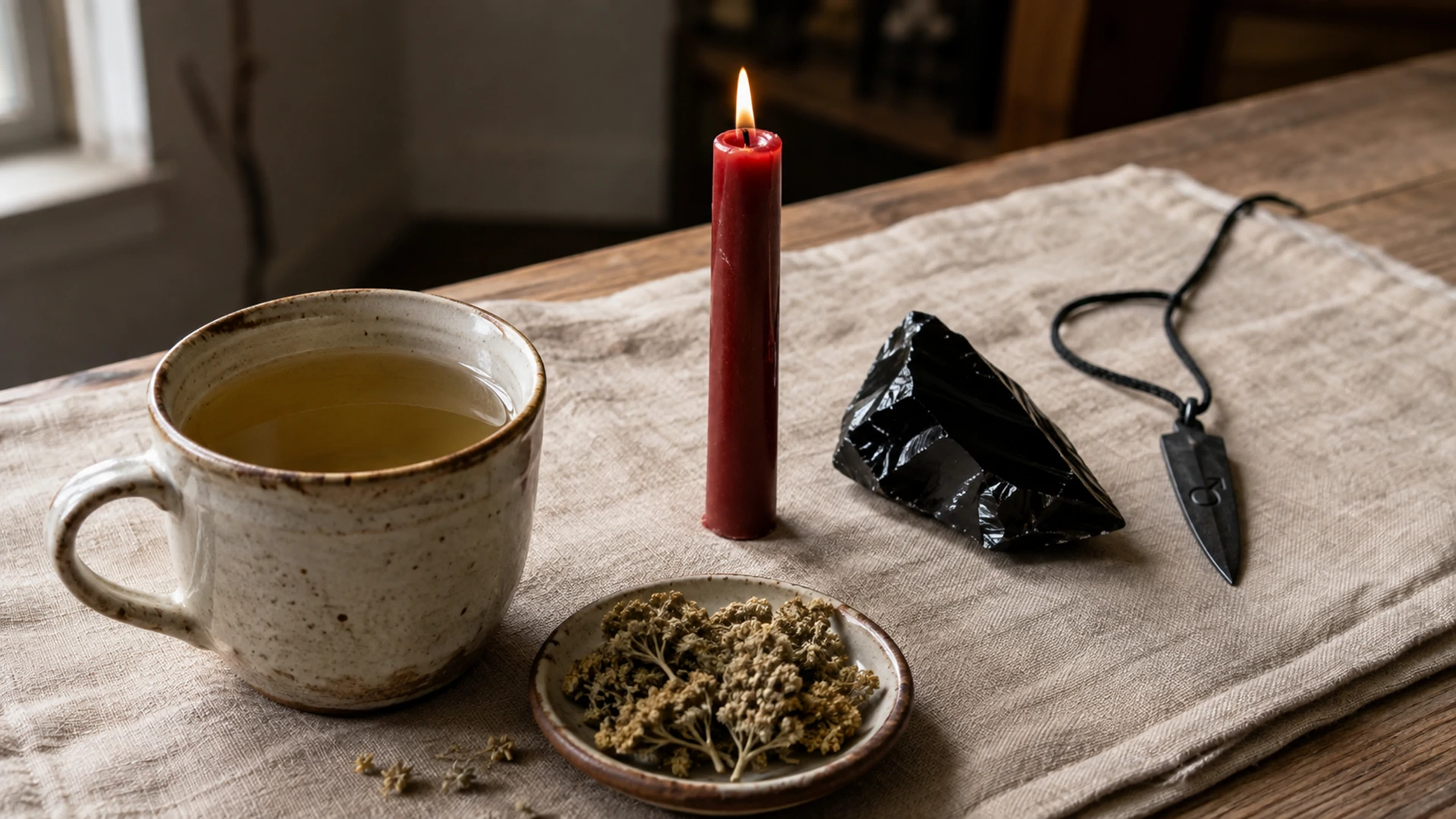 Pale golden-green yarrow tea beside dried yarrow flowers, a red candle, black obsidian crystal, and an iron Mars blade pendant
