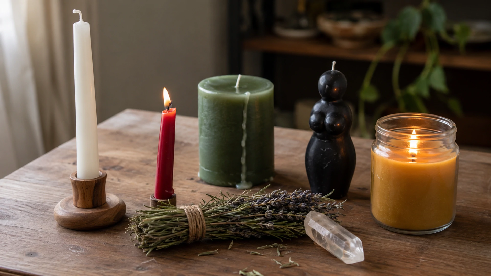 Five candles of different colors and types arranged around a dried herb bundle and quartz crystal on a wooden table.