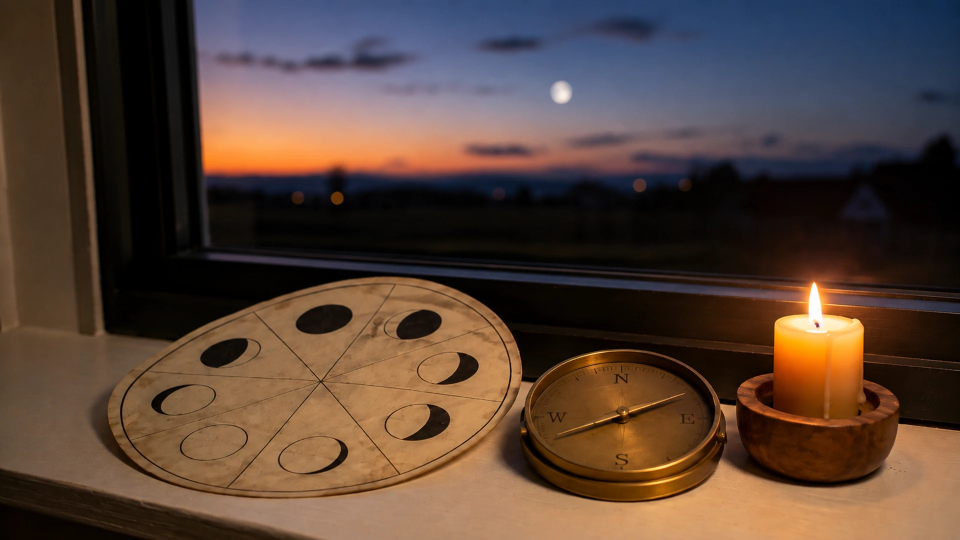 Celestial magic altar with moon phase chart, brass compass dial, and candle on a windowsill at dusk with sky visible.