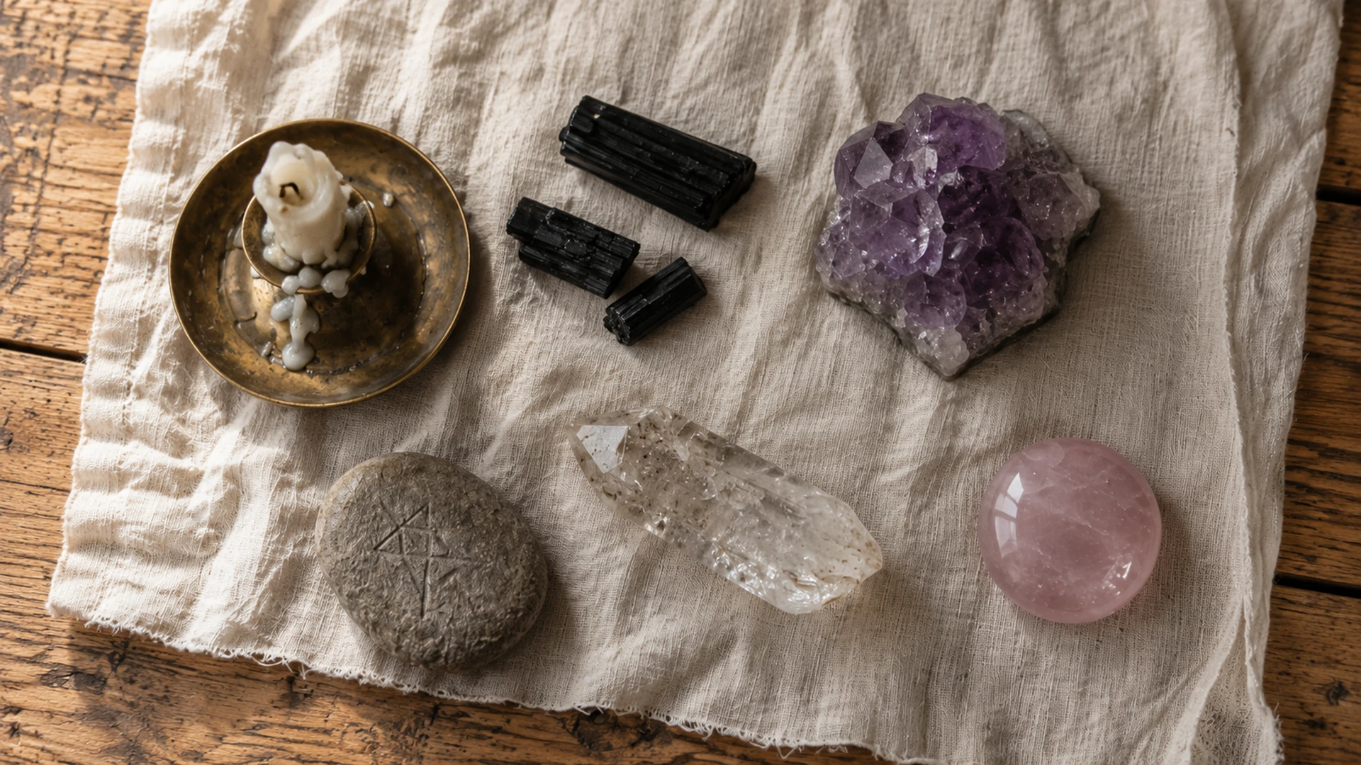 Flat lay of a crystal magic altar with quartz, amethyst, and black tourmaline arranged for ritual practice.