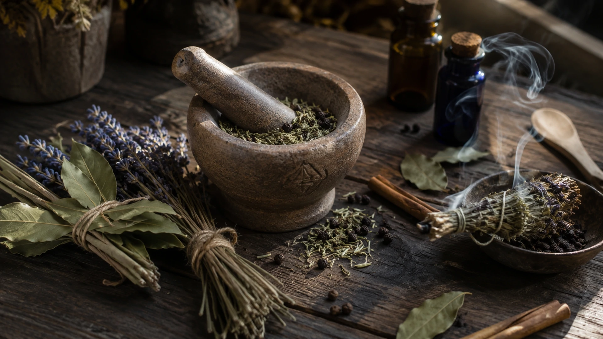 Herbal magic altar with mortar, pestle, dried lavender, and smoking herb bundle for ritual practice.
