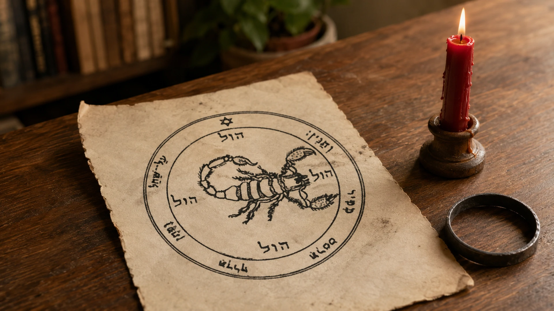 Fifth Pentacle of Mars talisman drawn on parchment with a lit red candle and iron ring on a wooden desk.